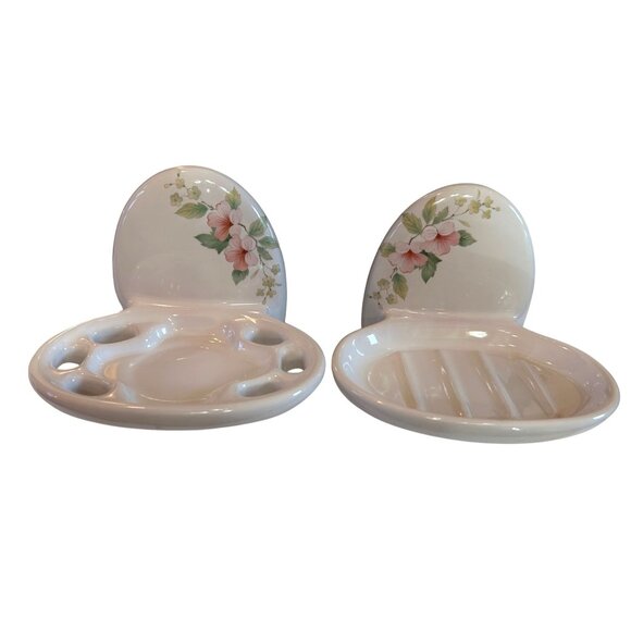 Other - Vintage Floral Ceramic Wall-Mounted Soap Dish Toothbrush Holder Set Cottage Core